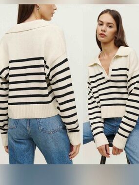 Reformation Francesco Cotton Polo Sweater featuring a folded collar, V-neck